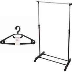 Mobiel kledingrek met kleding hangers - 10 kunststof hangers - zwart - Kledingrekken
