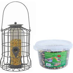 Vogel voedersilo voor kleine vogels metaal grijs 36 cm inclusief 4-seizoenen energy vogelvoer - Vogel voedersilo