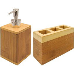 Badkameraccessoires set - bamboe hout - bruin - 2-delig - pompje - Badkameraccessoireset