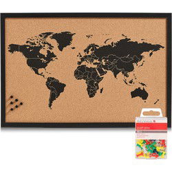 Prikbord wereldkaart met 40x punaises gekleurd - 60 x 40 cm - kurk - Prikborden