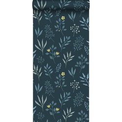 ESTAhome behang bloemmotief in Scandinavische stijl donkerblauw. vinta