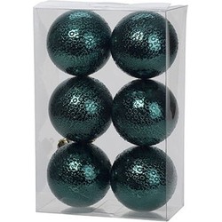 6x Kunststof kerstballen cirkel motief petrol blauw 6 cm kerstboom versiering/decoratie - Kerstbal