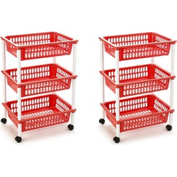 2x stuks opberg trolley/roltafel/organizer met 3 manden 40 x 30 x 61,5 cm wit/rood - Opbergmanden