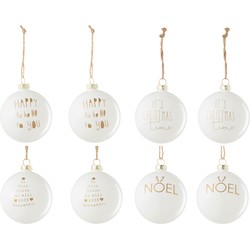 J-line - Doos Van 8 Kerstbal 2+2+2+2 Tekst Kerstmis Glas Wit/goud - 8x8x8cm