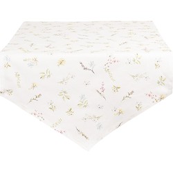 Clayre & Eef Tafelloper  50x160 cm Wit Roze Katoen Bloemen Tafelkleed