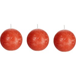 3x Ronde rustieke kaarsen oranje 8 cm 24 branduren sfeerkaarsen - bolkaarsen