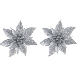 2x Kerstversieringen glitter kerstster zilver op clip 15 cm - Kersthangers