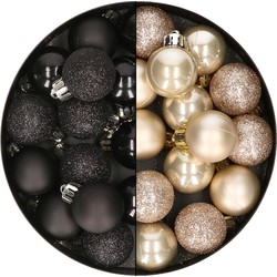 28x stuks kleine kunststof kerstballen zwart en champagne 3 cm - Kerstbal