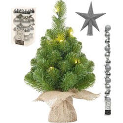 Kunst kerstboom - H60 cm - met verlichting en versiering - zilver - Kunstkerstboom