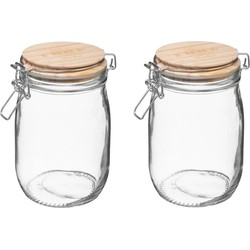 2x stuks voorraadbussen/voorraadpotten 1L glas met houten deksel en beugelsluiting - Voorraadpot