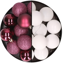 24x stuks kunststof kerstballen mix van aubergine en wit 6 cm - Kerstbal