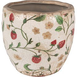 Clayre & Eef Bloempot  Ø 14x14 cm Beige Rood Keramiek Aardbeien Bloempot Binnen