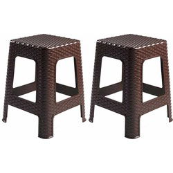 Plasticforte Rotan opstapje/zit krukje - 2x stuks - kunststof - bruin - Huishoudkrukjes