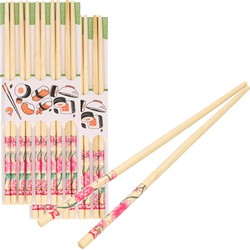 Sushi eetstokjes 40x setjes - bamboe hout - roze bloemen print - 24 cm - Eetstokjes