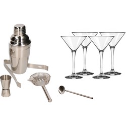 Cocktailshaker set RVS 5-delig inclusief 4x cocktail/martini glazen 250 ml - Cocktailshakers