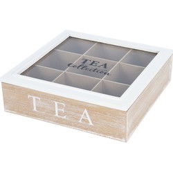 EH Theedoos - 9-vaks - naturel/wit - hout - 24 x 24 x 7 cm - theekist - Theedozen