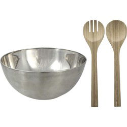 Salade schaal met sla couvert - RVS/bamboe - mat zilver - serveerschaal - D23 x H11 cm - Serveerschalen