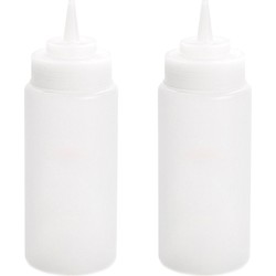PlasticForte Doseerfles/sausfles - 2x - kunststof - transparant - met schenktuit - 500 ml - 20 cm - Maatbekers