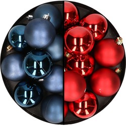 24x stuks kunststof kerstballen mix van rood en donkerblauw 6 cm - Kerstbal