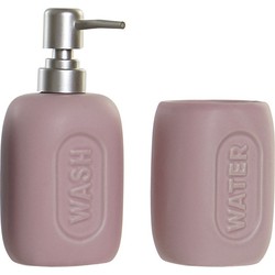 Badkamerset met zeeppompje en tandenborstel beker roze polystone 17 cm - Badkameraccessoireset