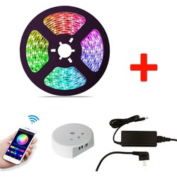 Groenovatie Smart RGB LED Strip Set, 5 Meter, 14.4 Watt/meter, Waterdicht IP65, Met Adapter & Wifi Controller