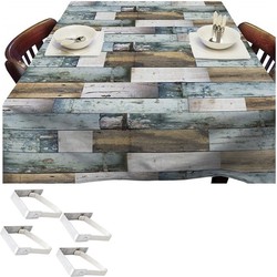 Blauwe tafelkleden/tafelzeilen houten planken print 140 x 250 cm rechthoekig met 4x tafelkleedklemmen - Tafelzeilen