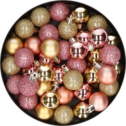Kleine kunststof kerstversiering 40x stuks set en 3 cm kerstballen in het goud en roze - Kerstbal