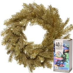 Kerstkrans goud glitter 50 cm incl. verlichting gekleurd 4m - Kerstkransen