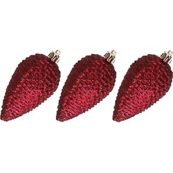 6x stuks kunststof dennenappels kerstballen 8 cm donkerrood glitter - Kersthangers