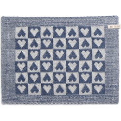 Knit Factory Gebreide Placemat - Onderlegger Heart - Ecru/Jeans - 50x30 cm
