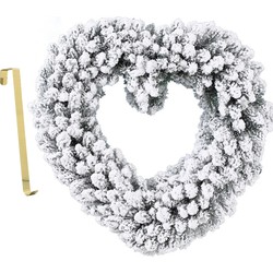 Kerstkrans hart vorm met sneeuw 50 cm kunststof incl. deurhanger - Kerstkransen