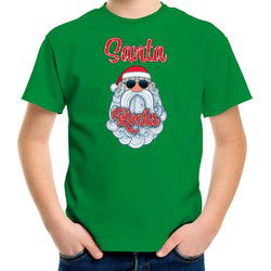 Bellatio Decorations kerst t-shirt voor kinderen - Kerstman - Santa Rocks - groen XS (104-110) - kerst t-shirts kind