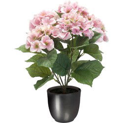 Hortensia kunstplant/kunstbloemen 40 cm - roze - in pot metallic grijs - Kunstplanten