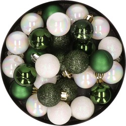 28x stuks kunststof kerstballen parelmoer wit en donkergroen mix 3 cm - Kerstbal