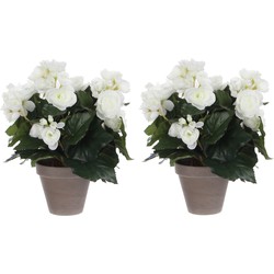 2x stuks witte Begonia kunstplant 30 cm in grijze pot - Kunstplanten