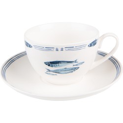 Clayre & Eef Kop en schotel  250 ml Wit Blauw Porselein Vissen Servies