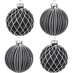 Clayre & Eef Kerstbal Set van 4  Ø 8 cm Zwart Wit Glas Kerstdecoratie