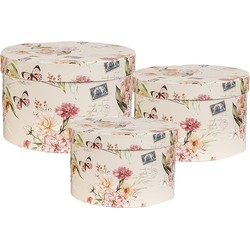 Clayre & Eef Opbergdoos Set van 3 Ø 24x16 / Ø 22x15 / Ø 21x13 cm Beige Karton Rond Bloemen