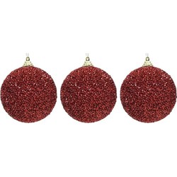 3x Kerstballen kerst rode glitters 8 cm met kralen kunststof kerstboom versiering/decoratie - Kerstbal