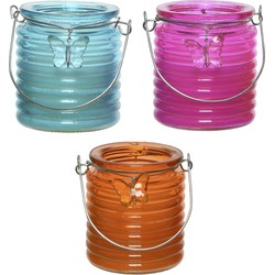 Citronella kaars - in windlicht - 3x - blauw/roze en oranje - 20 branduren - citrusgeur - geurkaarsen