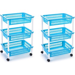 2x stuks opberg trolley/roltafel/organizer met 3 manden 40 x 30 x 61,5 cm wit/lichtblauw - Opbergmanden
