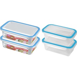4x Voedsel plastic bewaarbakjes 0,75 en 1,5 liter transparant/blauw - Vershoudbakjes