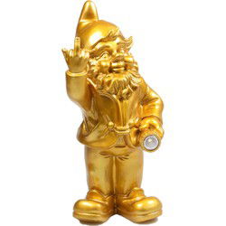 Tuinkabouter - goud - Middelvinger en Solar Verlichting - 31 cm - Tuinbeelden