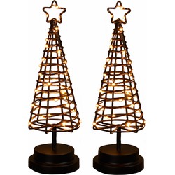 2x stuks verlichte figuren zwarte 3D lichtboompje/metalen boom/kerstboompje met 30 led lichtjes 30 c - kerstverlichting figuur