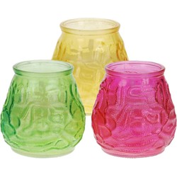 Windlicht geurkaars - 3x - geel/groen/roze glas - 48 branduren - citrusgeur - geurkaarsen