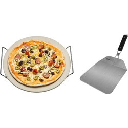 Keramische pizzasteen rond 33 cm met handvaten en inklapbare RVS pizzaschep 25 cm - Pizzaplaten