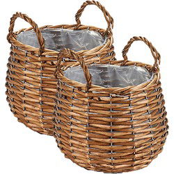 Set van 2x stuks plantenbak manden gevlochten riet met binnenmand 15 x 15 x 11,5 cm - Plantenbakken