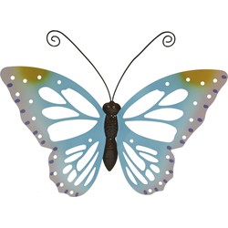 Grote lichtblauwe deco vlinder/muurvlinder metaal 51 x 38 cm tuindecoratie - Tuinbeelden