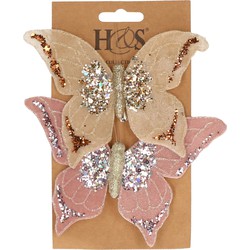 2x stuks kunststof decoratie vlinders op clip roze en beige 10 x 15 cm - Kunstbloemen