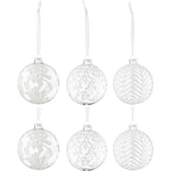 J-line - Doos Van 6 Kerstbal 2+2+2 Bladeren Pailletten Glas Wit Large - 10x10x10cm